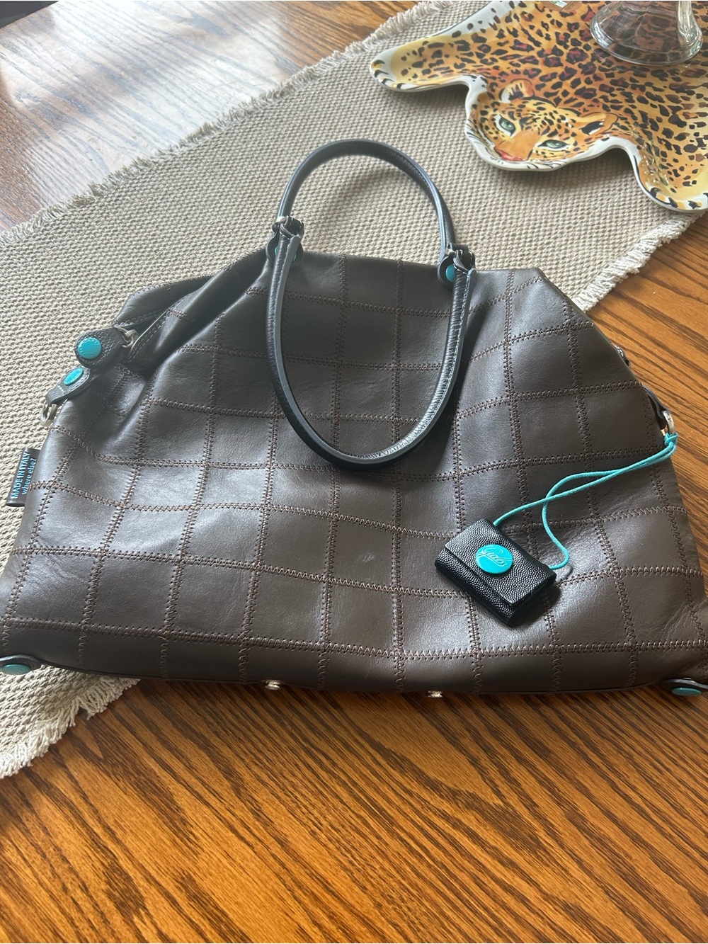 Gabs Italian leather quilted Tote Bag in Dark Brown with Turquoise Accents